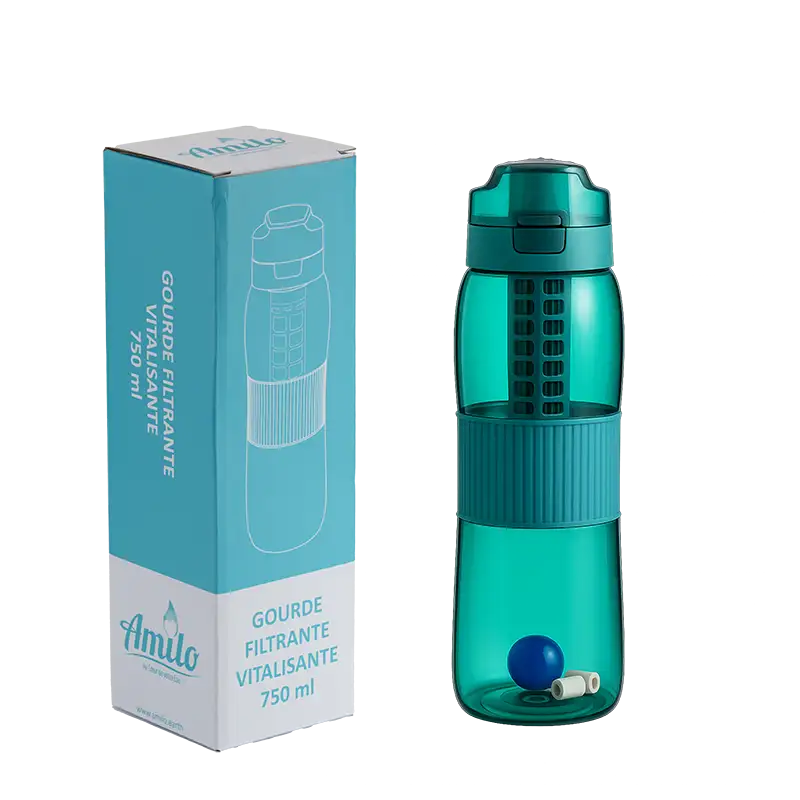 La gourde filtrante vitalisante Amilo avec sa boite