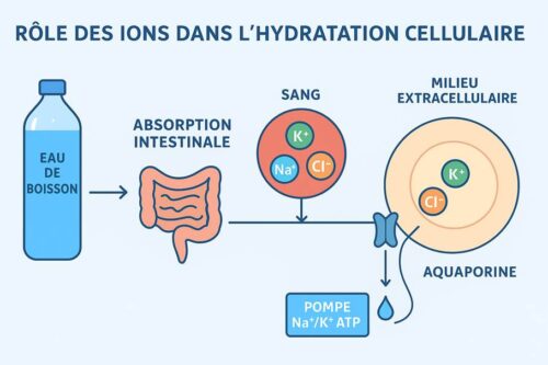 Schéma de l'utilité des ions dans l'eau minéralisée pour l'hydratation cellulaire.