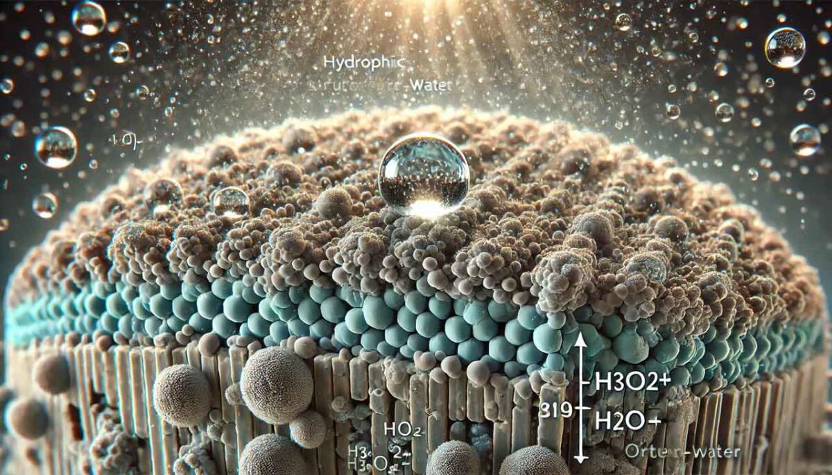 Illustration microscopique d'une surface hydrophile des minéraux montrant l'eau structurée H302- et l'eau non structurée H20+