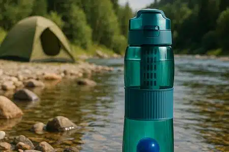 La gourde filtrante vitalisante Amilo en bivouac rivière